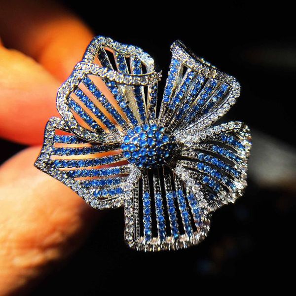 

wedding rings luxury charm flower ring full inlay shiny blue zircon adjustable size jewelry for women cocktail party, Slivery;golden