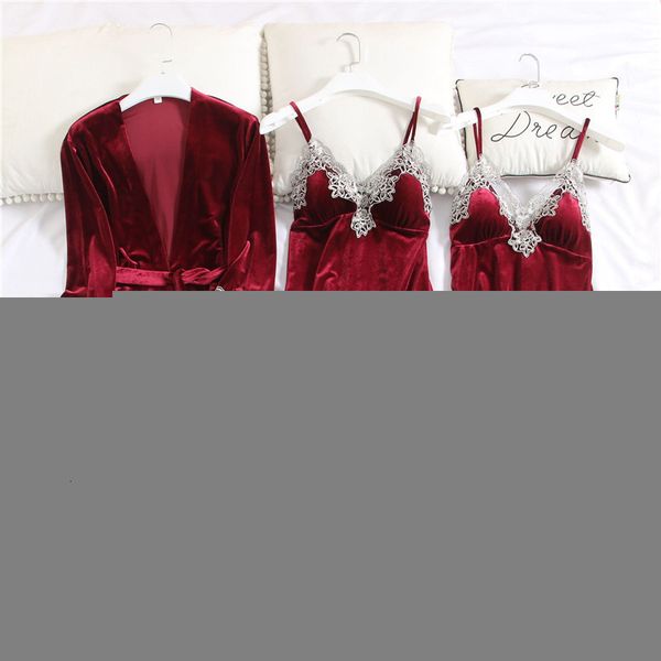 

july's song new women velvet pajamas set 4 pieces warm lace winter sleepwear sling nightdress homewear plus size robe, Black;red