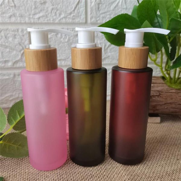 

storage bottles & jars pink/amber frosted glass bottle white pump bamboo cap,cosmetic packing,cosmetic bottle,packing for liquid oil