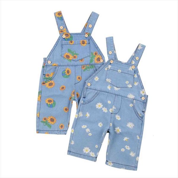 

0 5y summer kids girls floral denim suspender romper overalls jumpsuit one pieces children clothes, Blue