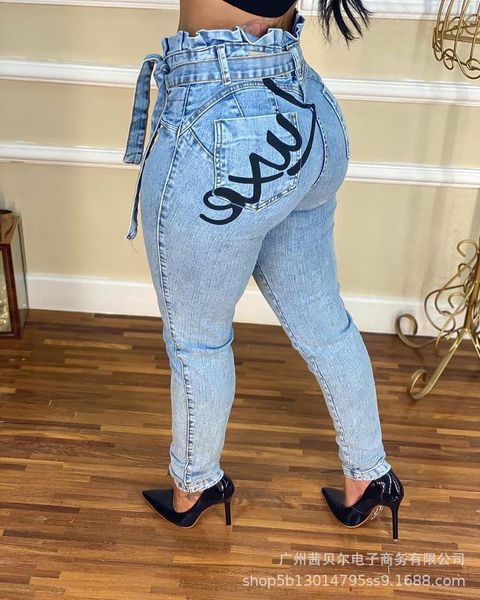 

women's jeans spot 2021 printed wood ear strap, Blue