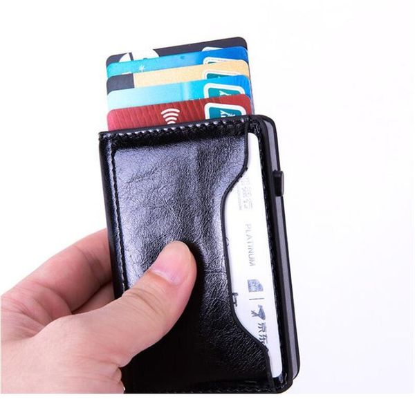 

bycobecy 2020 men smart button pop-up card holder rfid blocking aluminum card wallet fashion pu leather id holder qylicu