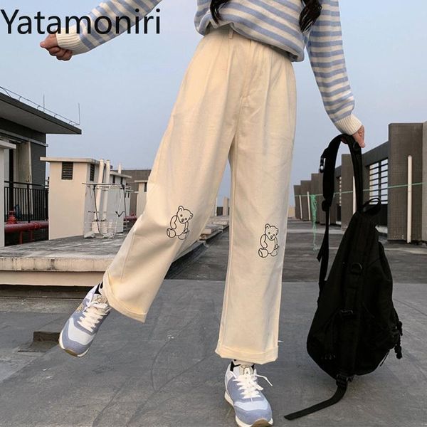 

women's pants & capris yatamoniri japanese kawaii harajuku loose bear embroidery wild leg trousers casual female sweet cute sweatpants, Black;white
