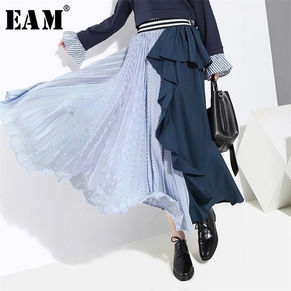 

[eam] new spring high elastic waist black striped ruffles stitch loose irreglar half-body skirt women fashion ji236 210315