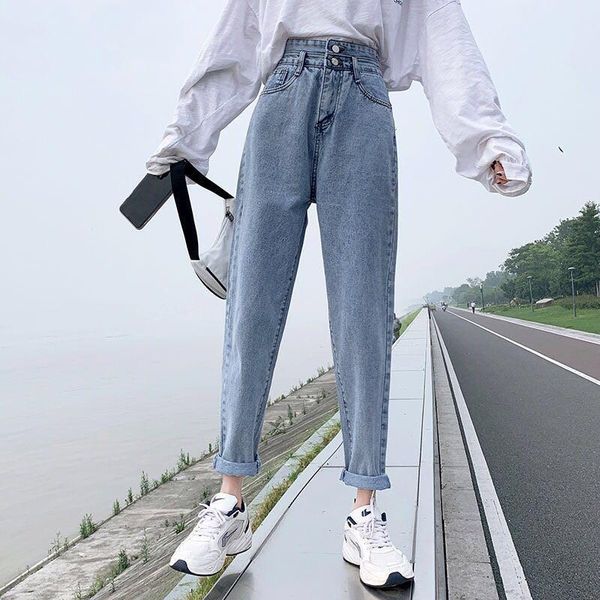 

women's jeans fall 2021 simple casual korean edition loose harem pants with slim straight leg, Blue