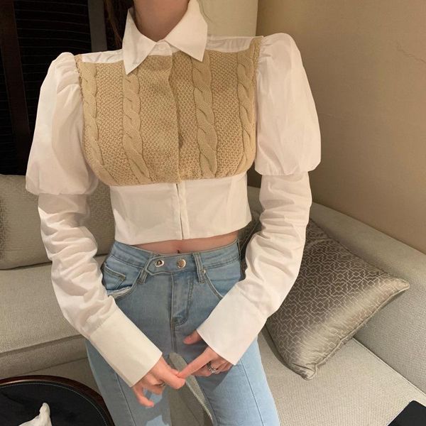 

women's blouses & shirts women autumn puff long sleeve shirt ladies blouse vintage stitching twist knitting female, White