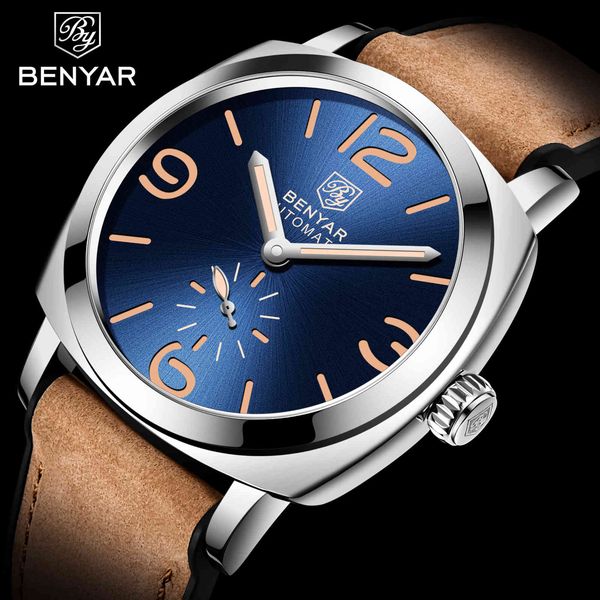 

relogio masculino benyar luxury brand 2021 new men fashion automatic watch waterproof men mechanical es blue, Slivery;brown