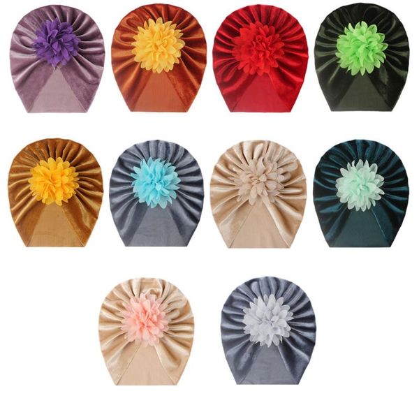 

caps & hats baby hat autumn winter kids girl bonnet golden velvet solid color warm infant toddelr beanie big flower cap turban headwraps, Yellow