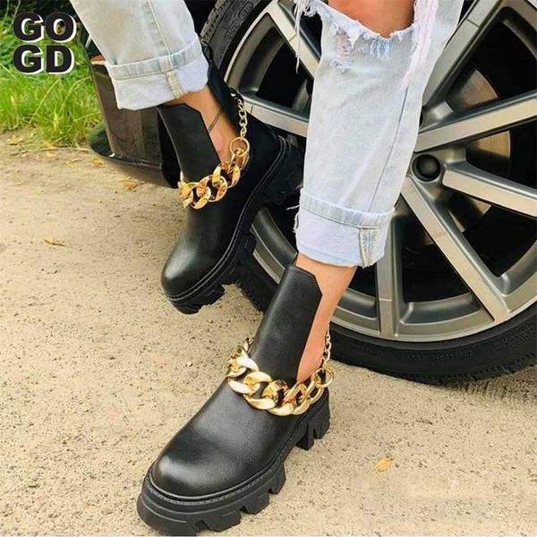 

[gogd]2022 za winter platform gold chain fashion ankle boots women cool punk motorcycles shoes 211103, Black