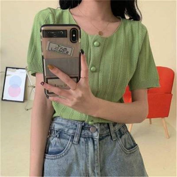 

women's knits & tees 2021 fashion girl summer knitted jacket slim short cropped basic cardigan women sleeve v-neck blouse, White