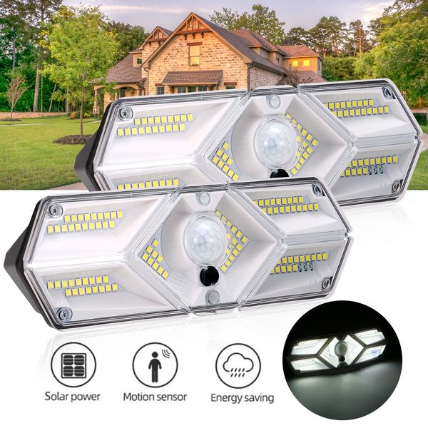 

2021 new 104led large angular solar wall lamp 10m sensoring distance 120 degrees sensory angle 6 luminescent area in the open air sunlight l