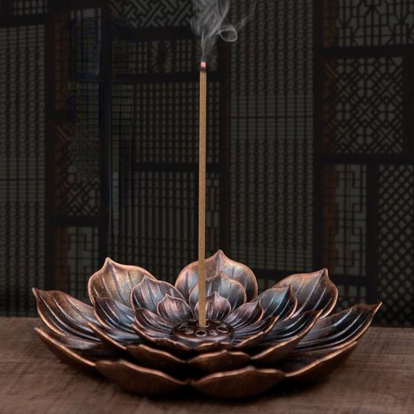 

fragrance lamps 2 in1 creative incense stick holder alloy lotus line burner metal crafts sandalwood coil base red bronze home decoration