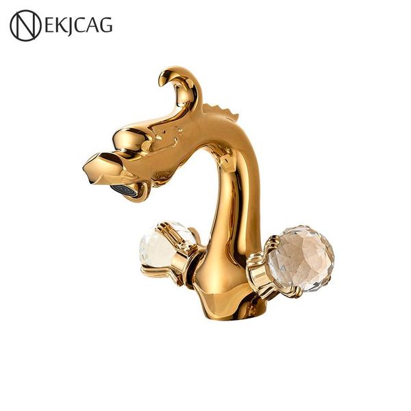 

bathroom sink faucets luxury brass gold dragon shape double handle basin deck water cold mixer taps