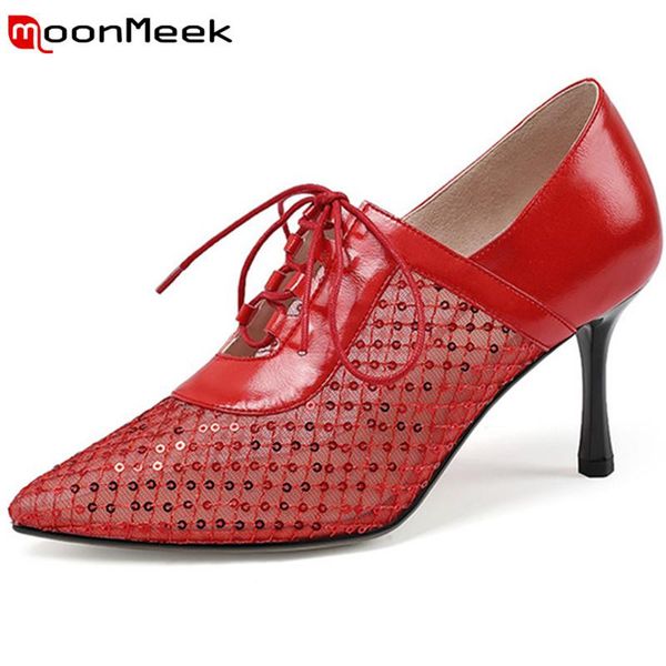 

dress shoes moonmeek 2021 arrival women pumps pointed toe hollow out lace up summer fashion thin high heels wedding ladies, Black