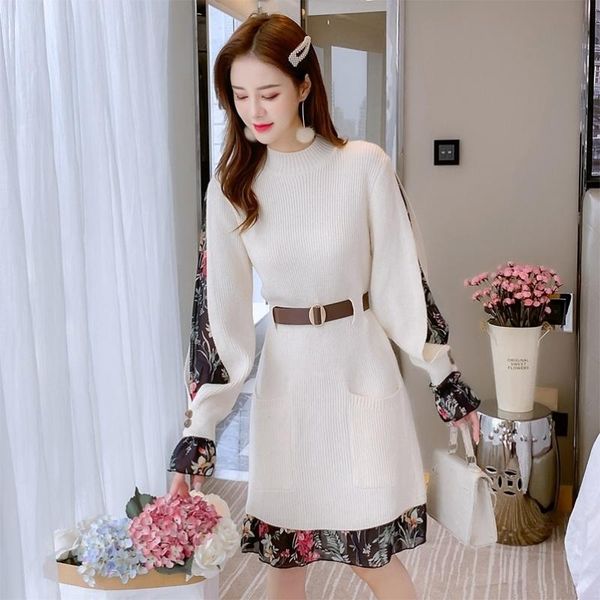 

casual dresses sweater knitted dress women autumn and winter clothing 2021 french floral round neck long-sleeved bottoming, Black;gray