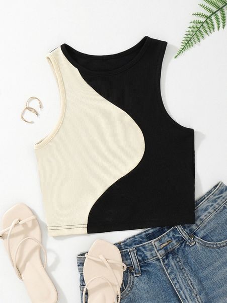 

color block ribbed knit tank 40mj#, White