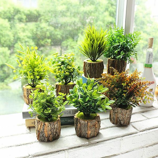 

decorative flowers & wreaths bark creative plastic green mini potted artificial plant bonsai set fake flower vase home balcony decoration
