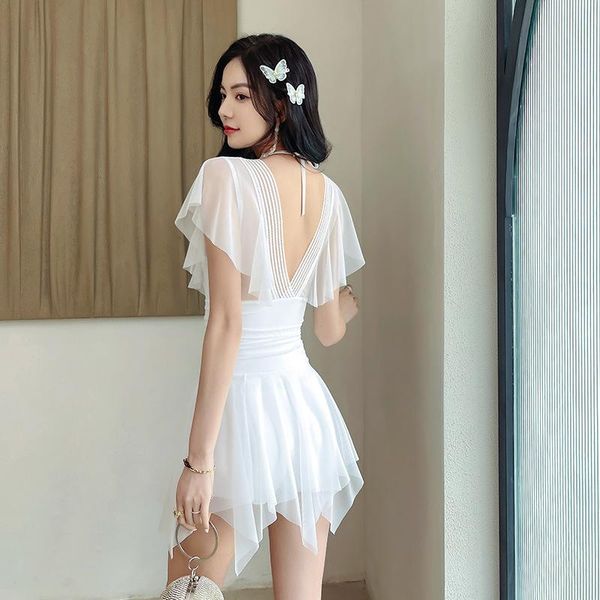 

women's swimwear solid color swimsuit one-piece skirt style flat angle conservative small chest gathered spring, White;black