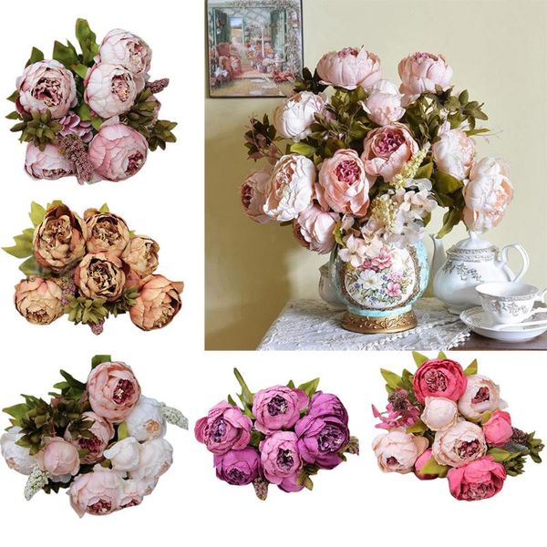 

hight quality silk flower european 1 bouquet artificial flowers fall vivid rose peony fake leaf wedding home party decoration