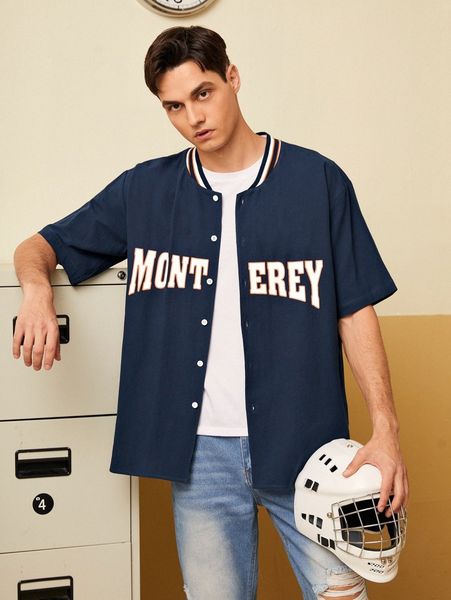 

men letter pattern baseball collar button front shirt r4ou#, White;black