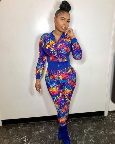 

piece set women autumn winter fashion street long sleeve round neck ink print zipper sportswear streetwear 2 women's tracksuits, Gray