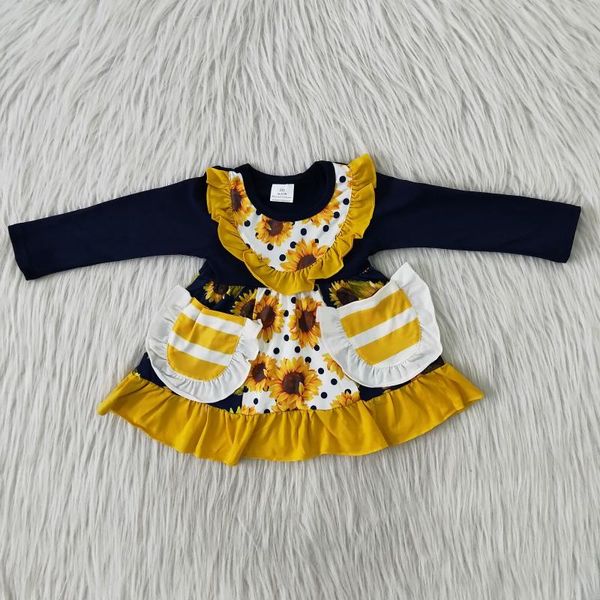 

baby girl clothes sunflower stripe pocket black long sleeve top, White