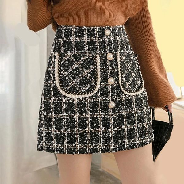 

skirts tweed women autumn winter button mini pencil plaid wool korean high waist elegant skirt lady, Black
