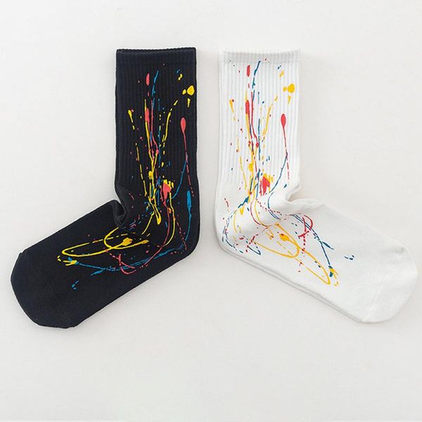 

men's socks men women harajuku graffiti splash ink painting couple cotton middle tube fashion male man sports calcetines, Black