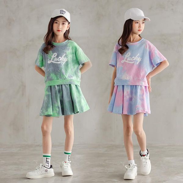 

clothing sets 6 to 16 y, kids sports set 2021 summer girls suit tie dye children skirt with safe pants two pieces cotton,#6138, White