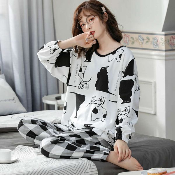 

pajamas women spring cotton long sleeve student cute korean autumn and winter can wear home clothes cartoon suit, Black;red