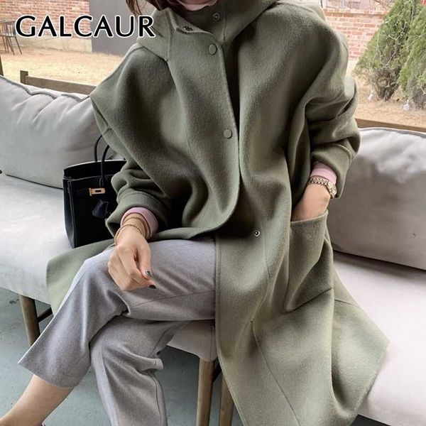 

galcaur thick tweed coat for women hooded collar long sleeve loose pockets oversized elegant coats female autumn clothing 201102, Black