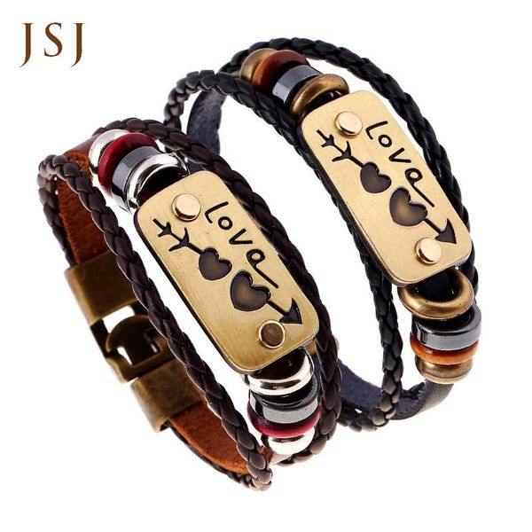 

charm bracelets [jsj] 2 pcs leather lovers bracelet weaving hand rope, arrow piercing heart valentine's day gift cowhide bracele, Golden;silver