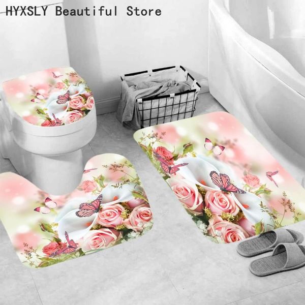 

shower curtains rose flower butterfly 3pcs set bathroom el use textile water dust absorption bath mat u shape pedestal rug lid toilet cover
