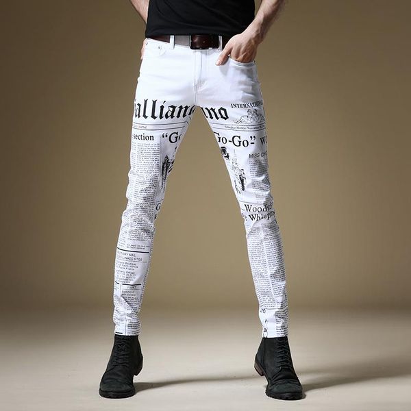 

men's jeans ly streetwear fashion men elastic cotton slim fit printed designer white color hip hop denim punk pencil pants, Blue