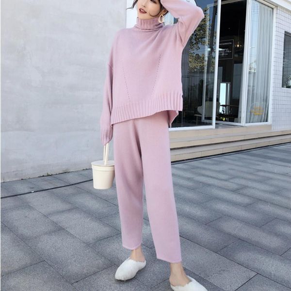 

2021 new autumn and winter knitted turtleneck warm sweater +high waist knit pant women suit clothing 2 piece set, Gray