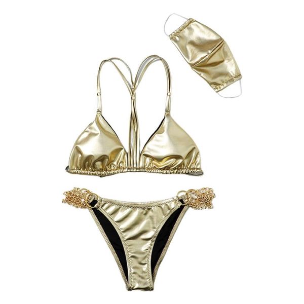 

women shiny metallic faux leather bikini set with face mask chain swimsuit u7ef