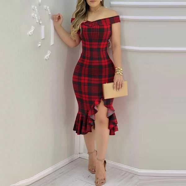

bodycon club party dresses women fashion plaid dress vestidos plain cold shoulder ruffle loose hem slit dress dropshipping, Black;gray
