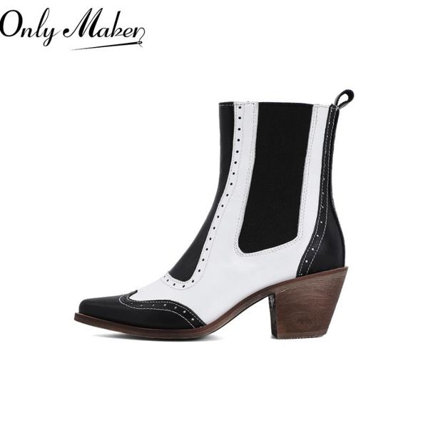 

boots onlymaker women street style winter ankle pointed toe slip on mixed colors black brown sewing shoes casual mature booties