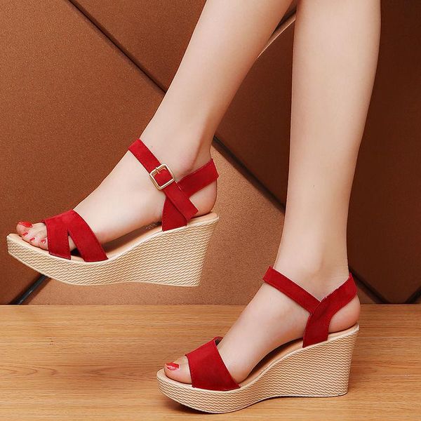 

dress shoes women wedges sandals,2021 summer heels,ankle buckle strap platfortm shoes, thick bottom,female footwear black,red,beige