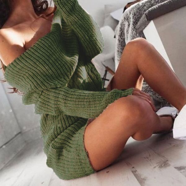 

new 2021 women winter plus size long sleeve knitted bodycon off shoulder sweater elegant party club ss1r, Black;gray