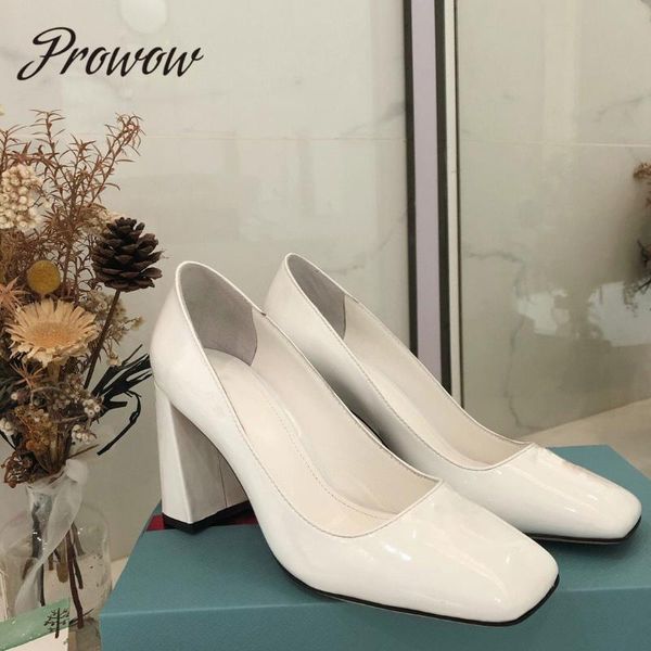 

dress shoes prowow genuine leather slip on high heel pumps square toe women, Black