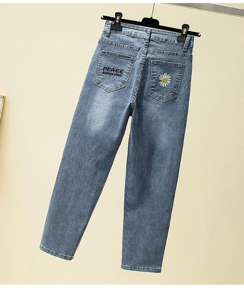 

women's jeans small daisy large in spring and autumn korean loose student commuting high waist slim quarter pants, Blue