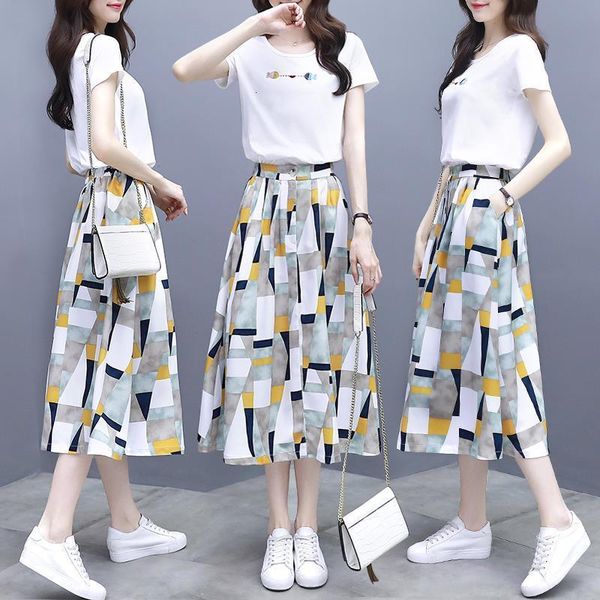 

women fish embroidery tshirts short sleeve white geometric elastic waist long skirt suit summer female 2 piece set, Gray