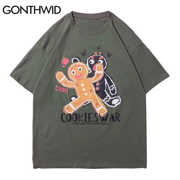 

tees shirt streetwear cartoon cookies war print tshirts hip hop casual cotton loose t-shirts harajuku short sleeve 210602, White;black