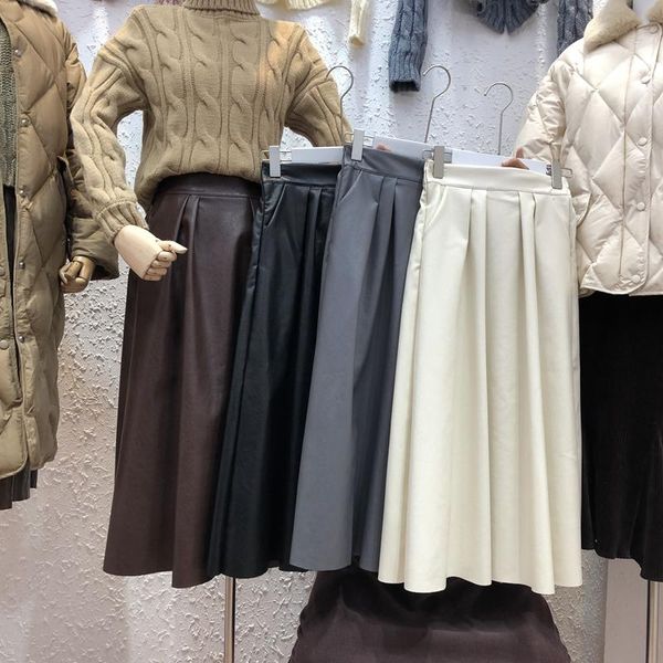 

skirts women winter leather solid color pocket a-line midi office lady fashion style pu empire pleated skirt, Black
