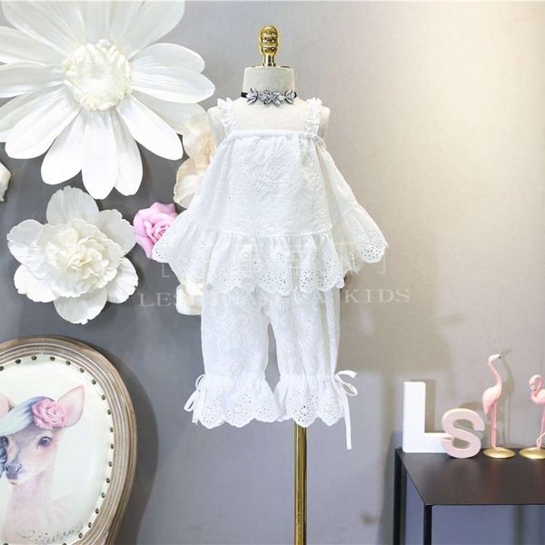 

summer new solid color cut children's out lace suspender vt pants home suit, White