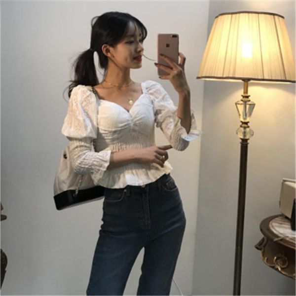 

women's blouses & shirts 2021 arrivals stand collar heavy industry embroidery lace patchwork puff sleeve blouse shirt + high waist pu s, White