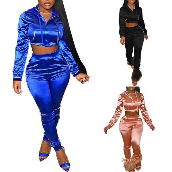 

women's two piece pants 2pcs women fall tracksuit splicing hooded long sleeve zip-up crop + high-waist slim set 3 colors, White