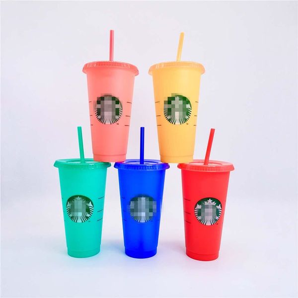 

10pack 24oz/710ml plastic starbucks tal magic color changing tumbler with straw confetti reusable transparent drinking flat botoom temperatu