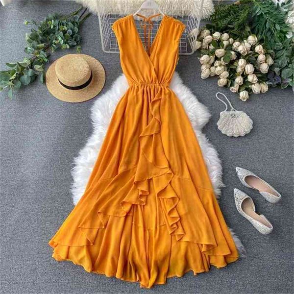 Frauen Sexy Ballkleid Kleid Sommer V-ausschnitt Backless Rüschen Strand Vertidos Mujer Damen Kleid Boho Lange Robe 210525